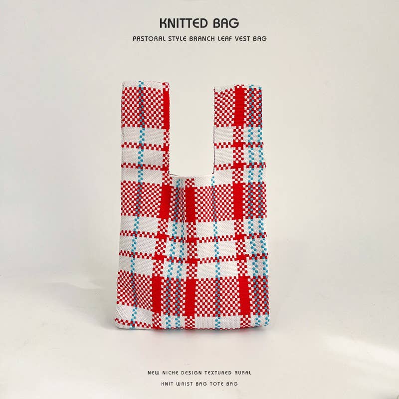 Colorful checkered knitted single-shoulder bag