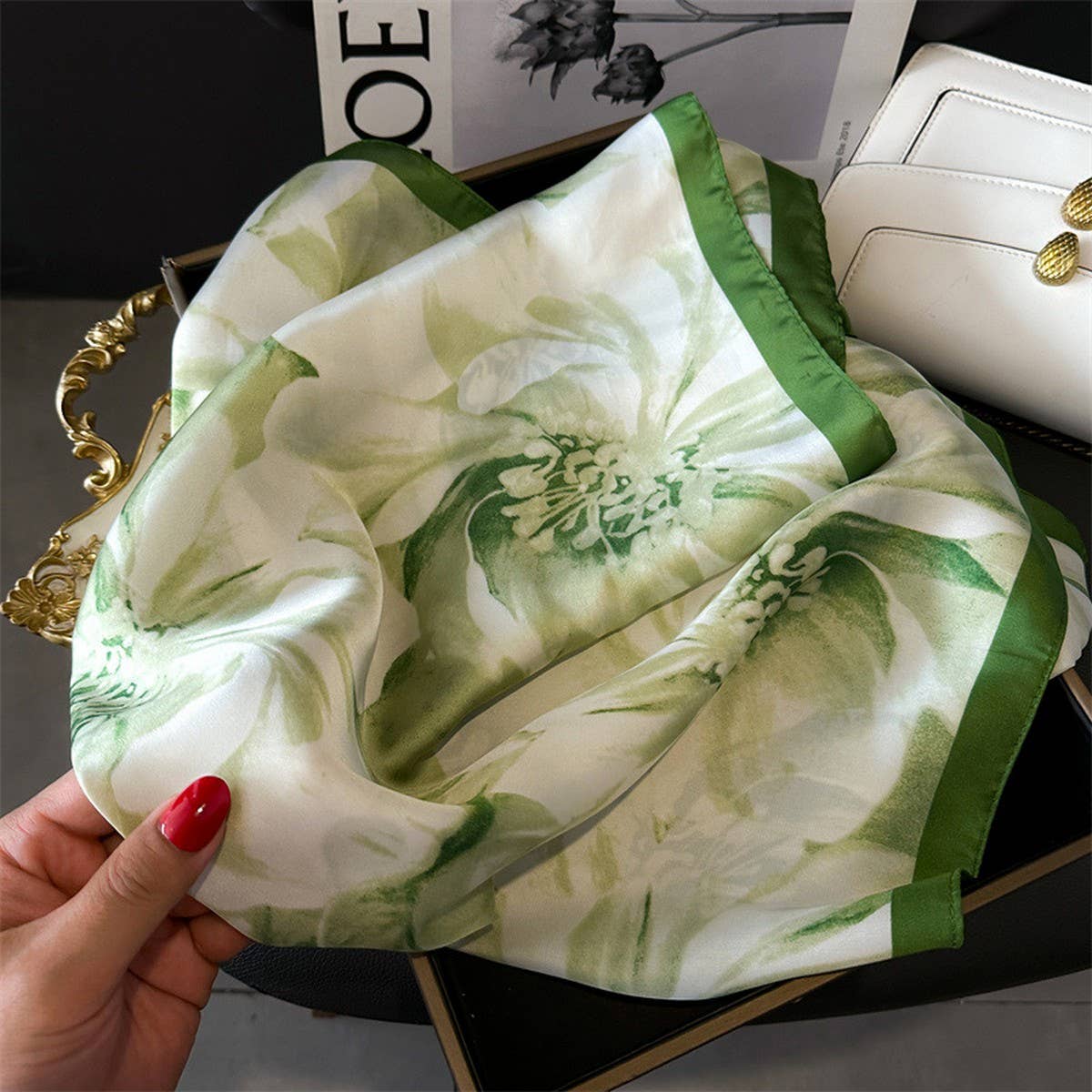 Lotus & Peony Print Satin Square Scarf for Summer