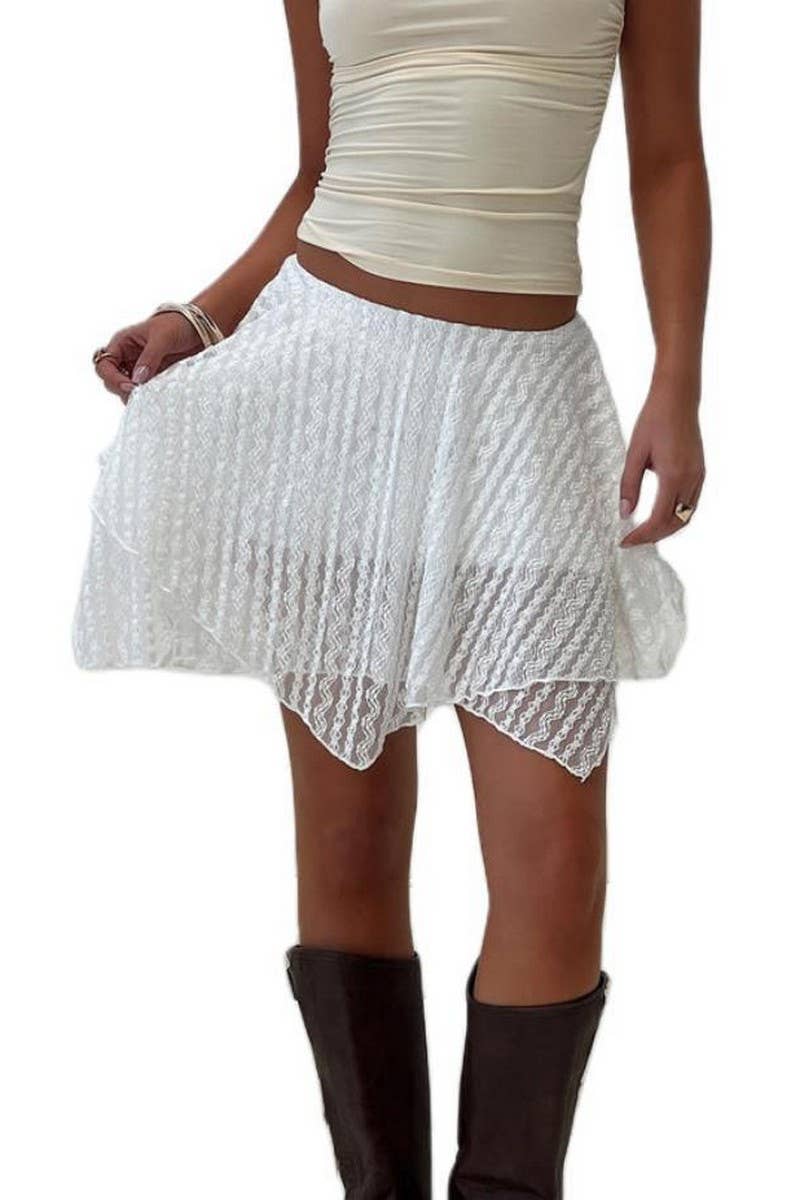 CWBSS0483_WHITE ASYMMETRICAL LACE MESH SKIRT