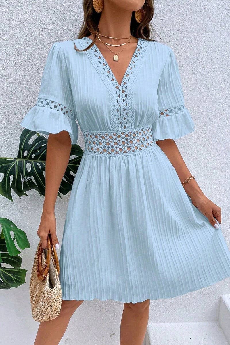 CWDSD7521_SUMMER LACE STYLISH WAIST SOLID COLOR DRESS