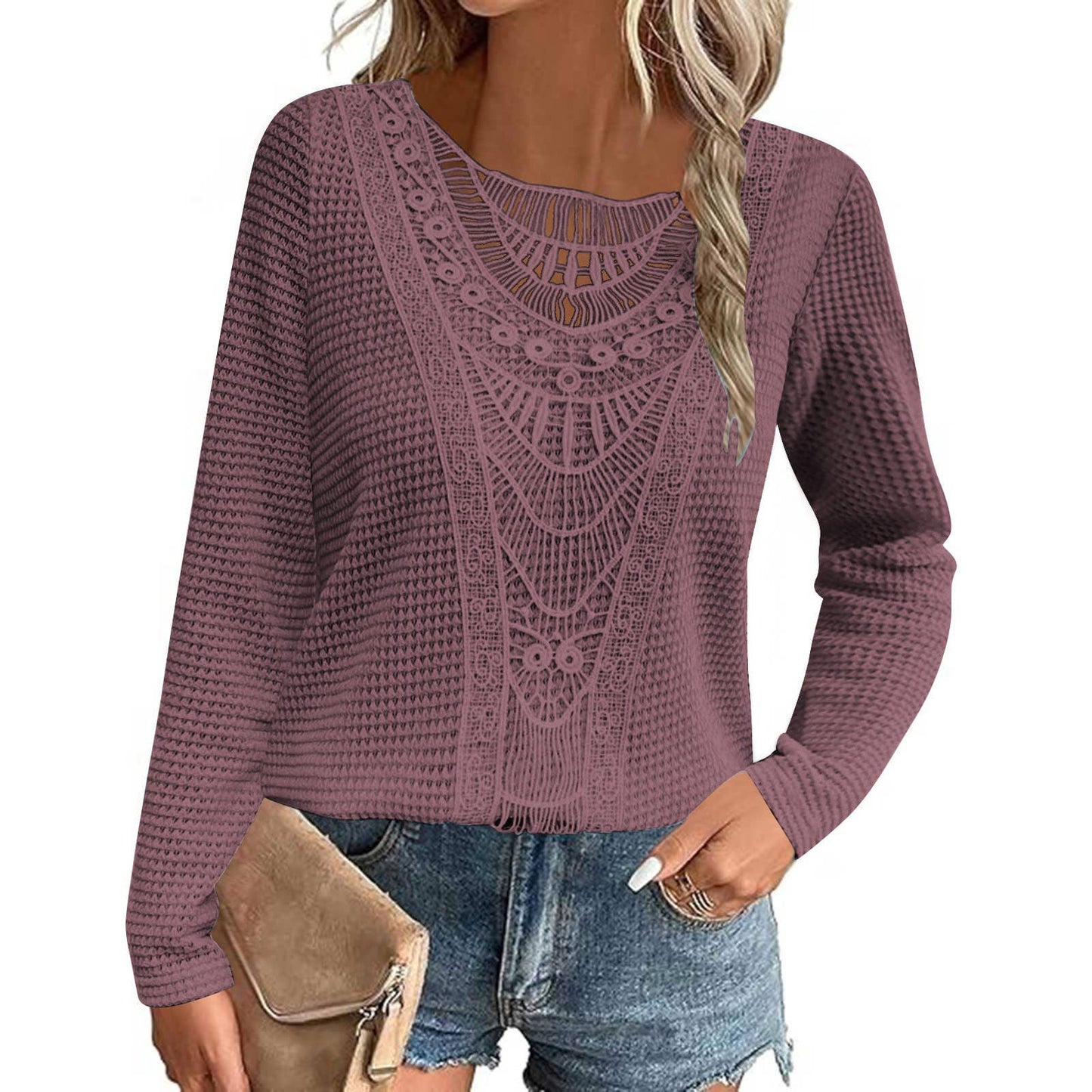 Solid-color teak lace patchwork top T-shirt