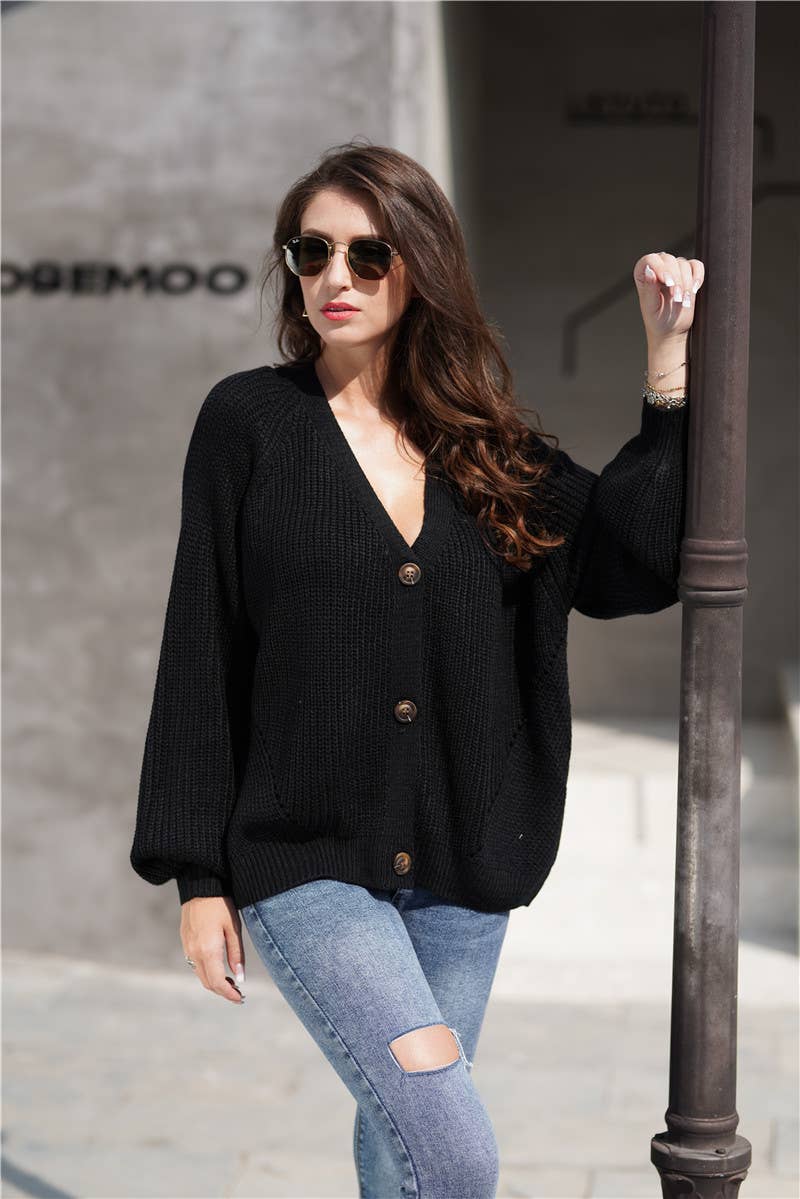 SOLID COLOR BUTTON-DOWN V-NECK SWEATER