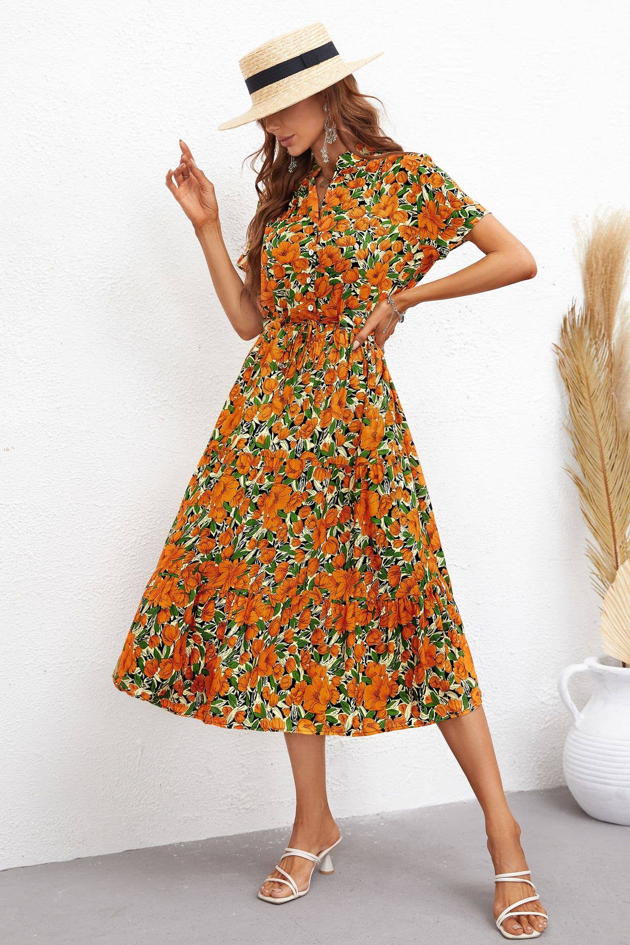 STYLISH PRINT WAISTLINE LONG DRESS