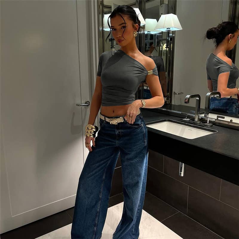 Solid One Shoulder Crop Top