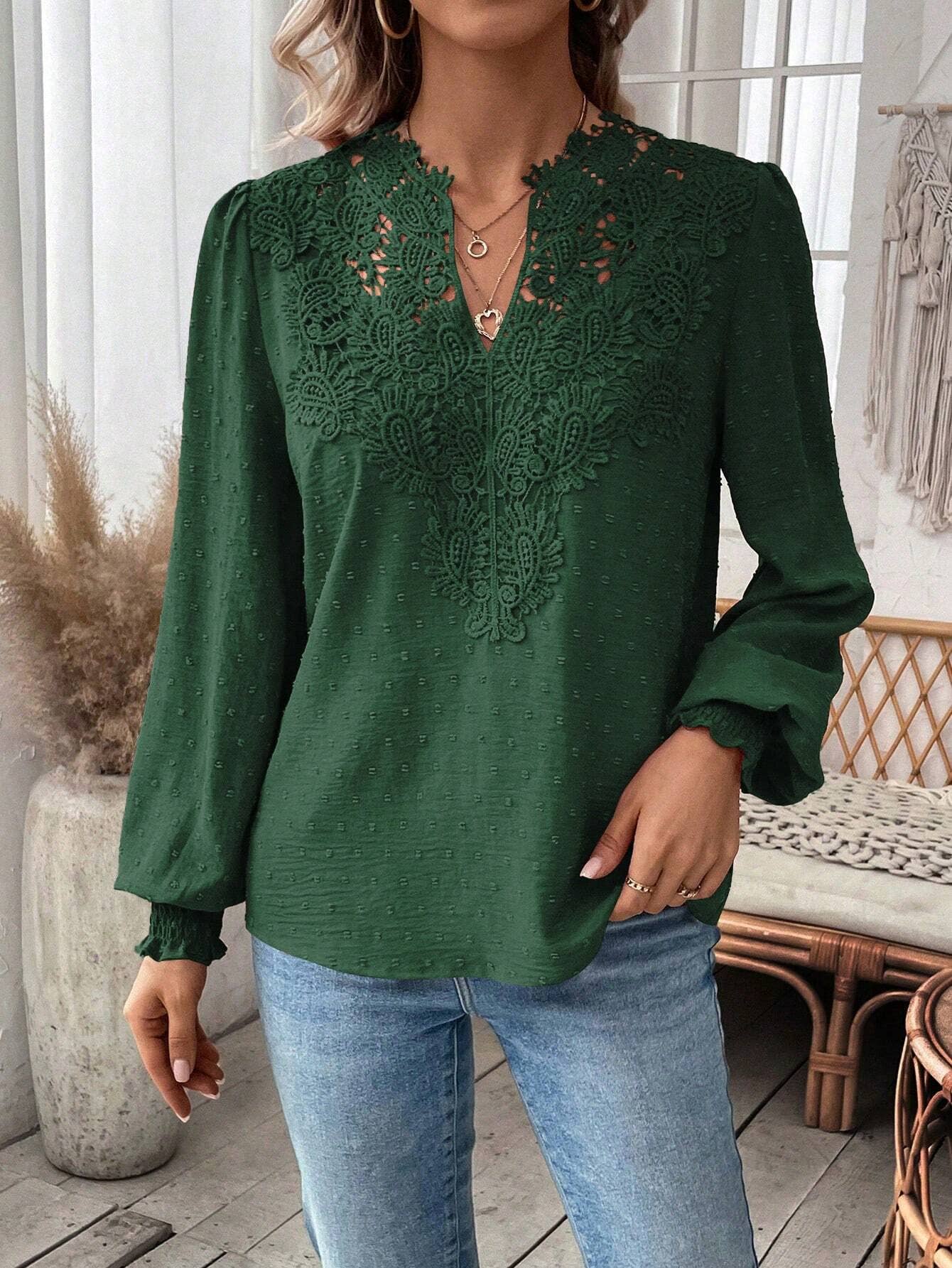 Fashion V-neck lace long sleeve casual T-shirt