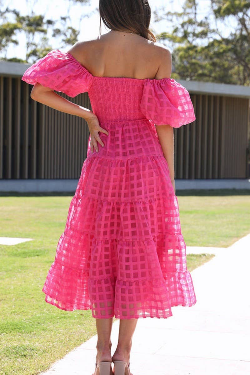 CWDMD5648_OFF SHOULDER LANTERN SLEEVE TIERED RUFFLE DRESS