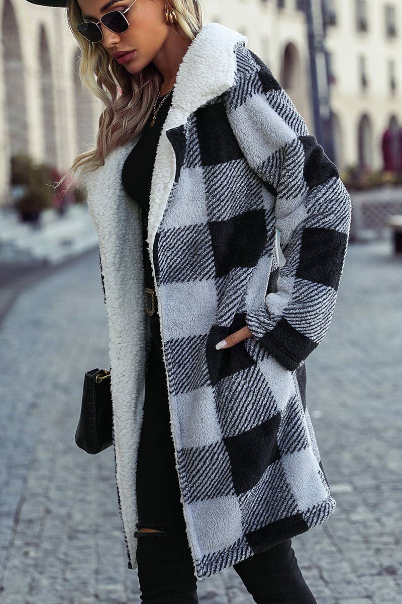 WOMEN COZY WARM WINTER PLAID FLEECE COAT JACKET_CWOJA0623