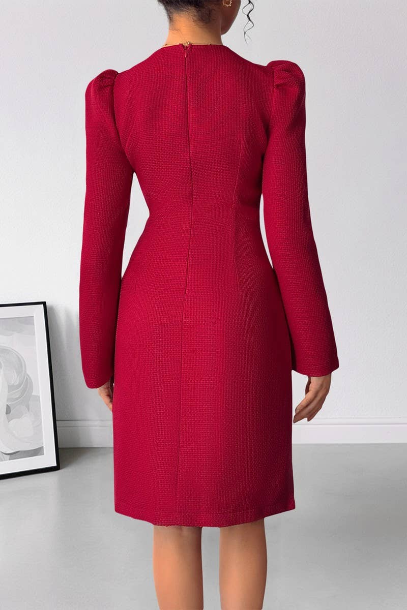 CWDSD10579_VINTAGE BOW PEARL DEEP V RED LONG SLEEVE DRESS