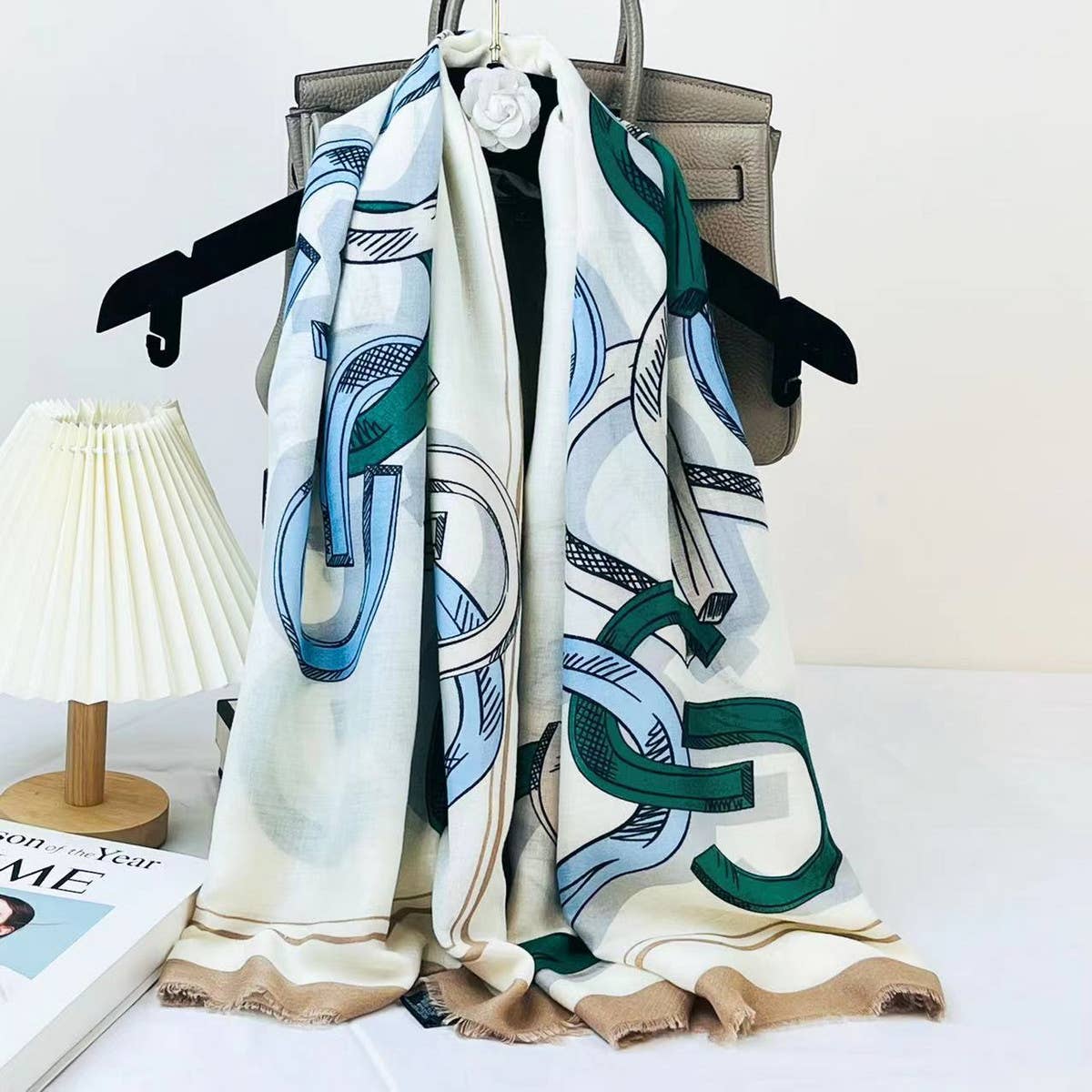 Chain Print Silk Wool Scarf ??Luxury Travel Shawl_CWASC0895