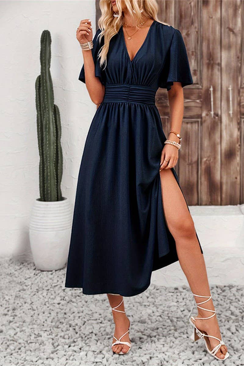 CWDMD4879_LOTUS LEAF SLEEVE SLIT ELASTIC WAIST DRESS