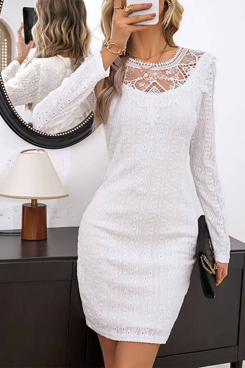 LACE LONG SLEEVE ROUND NECK PATCHWORK HIP DRESS