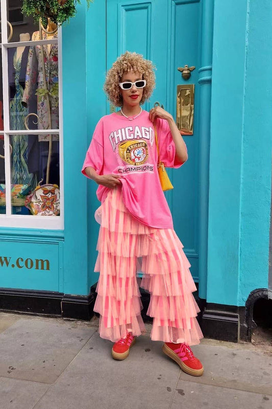 CWBLP2010_STRIPED TIERED MESH PATCHWORK WIDE LEG PANTS