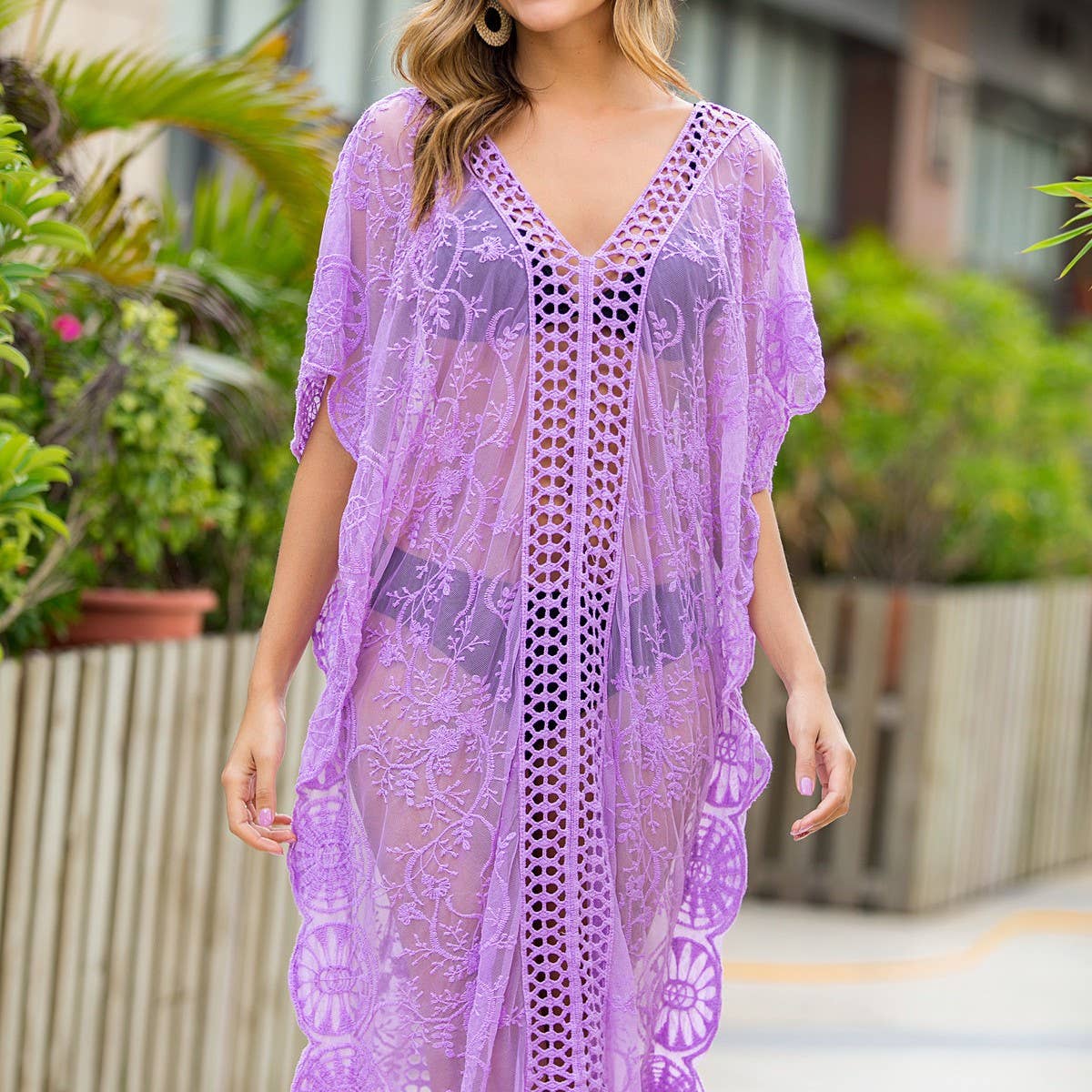 SEXY HOLLOW V-NECK LACE SWIMSUIT COVER-UP