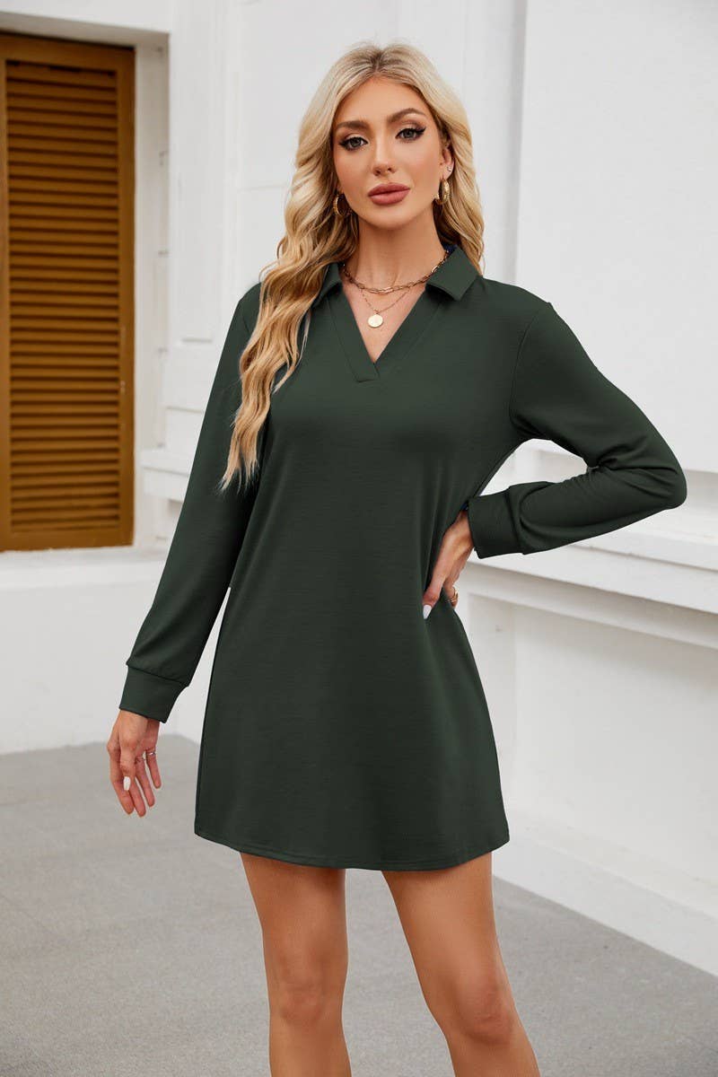 CWDSD8814_LAPEL LONG SLEEVE CASUAL SPORTS SWEATER DRESS