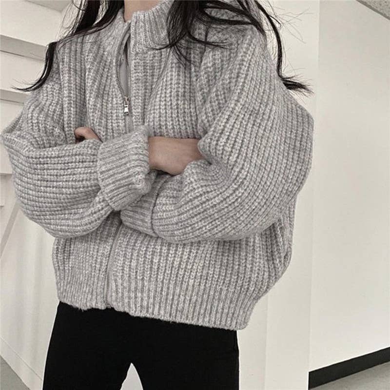 Solid-color zipper thick knitted cardigan