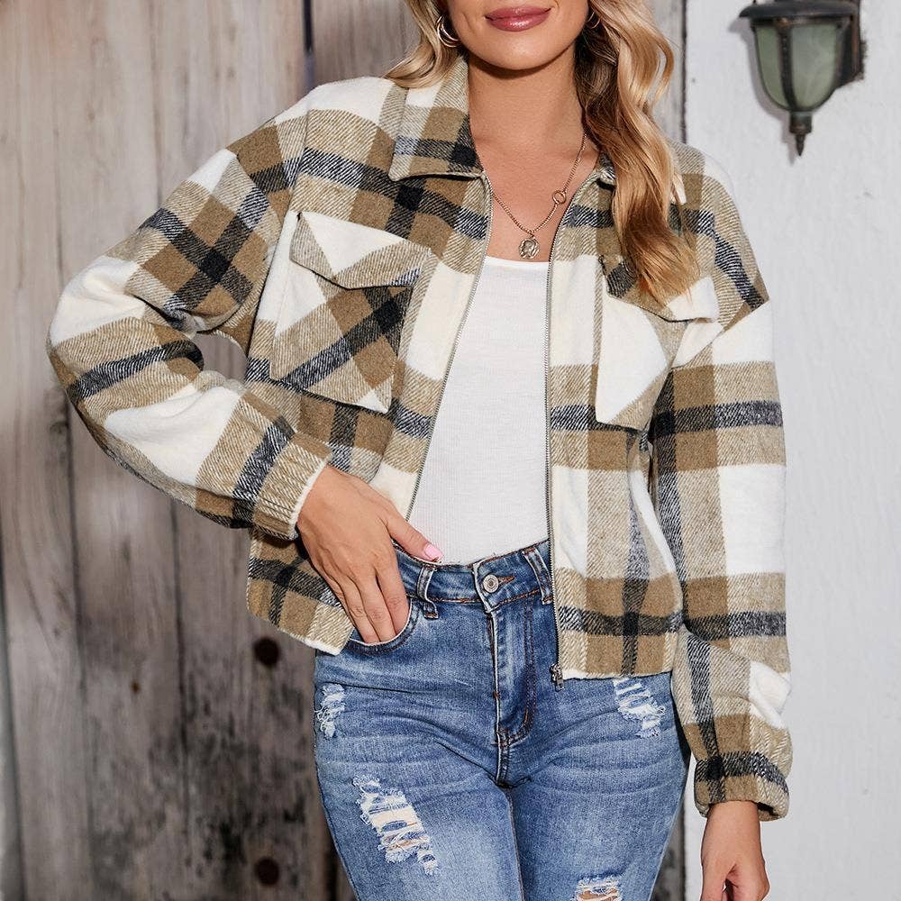 Printed Plaid Jacket With Zipper Pocket