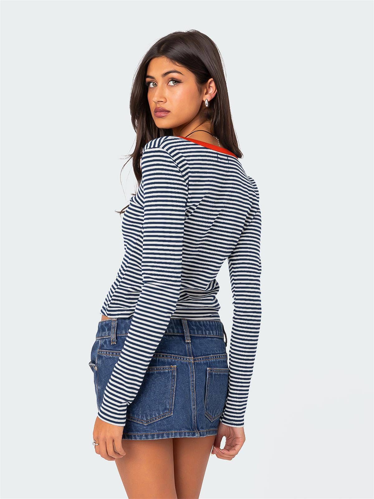 STRIPED COLOR CONTRAST KNIT BUTTON COTTON T-SHIRT