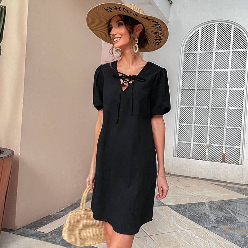 SOLID COLOR LACE-UP COTTON LINEN LOOSE DRESS