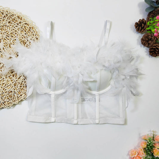 SEXY FEATHER SEE-THROUGH MESH HERRINGBONE CORSET
