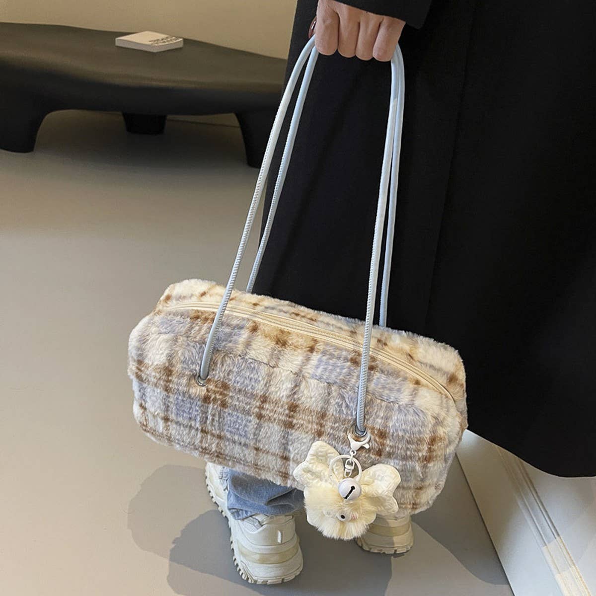 WINTER CASUAL WOOLEN PLAID SHOULDER PLUSH BAG_CWAB3941