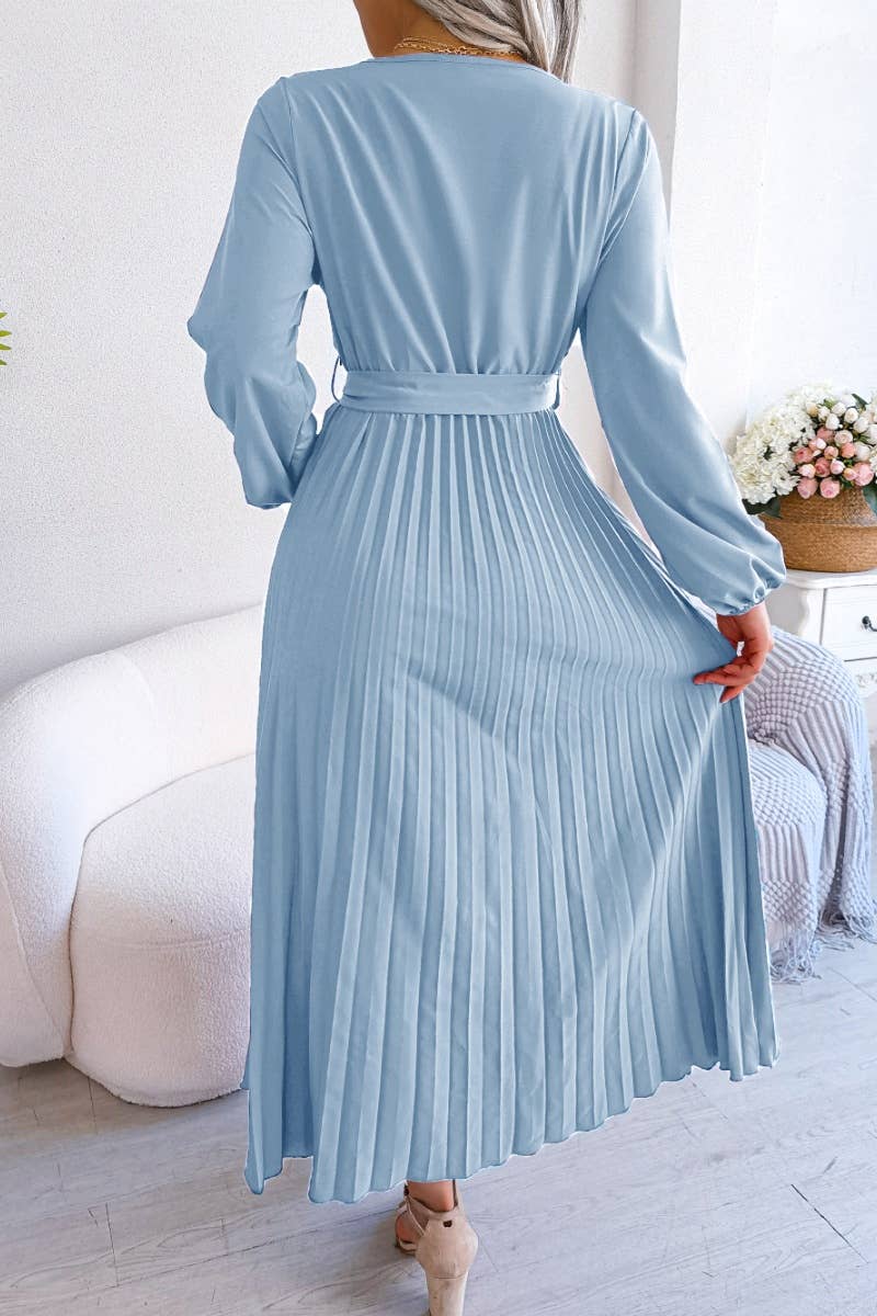 CWDMD3947_CROSS LACE-UP LONG-SLEEVED PLEATED SWING DRESS