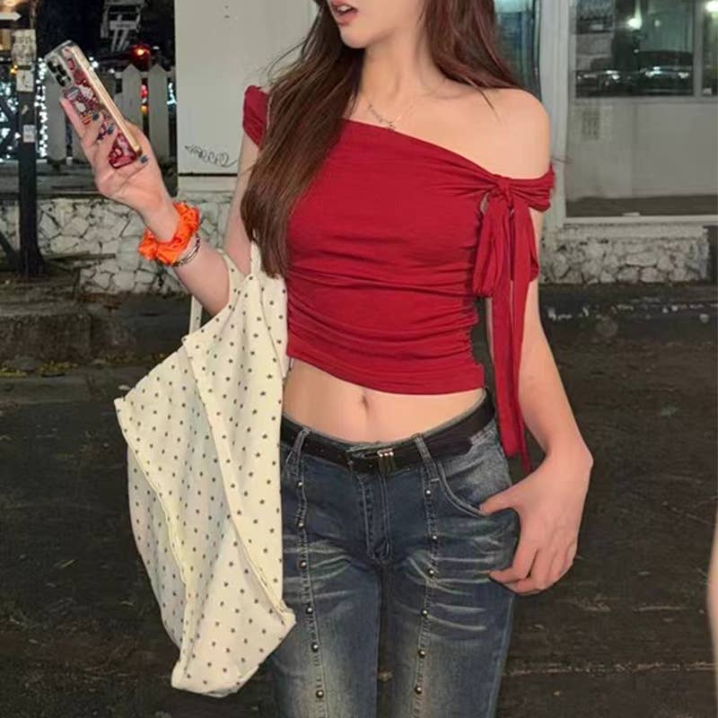 Slim Fit Red Off Shoulder Tie Front Tee