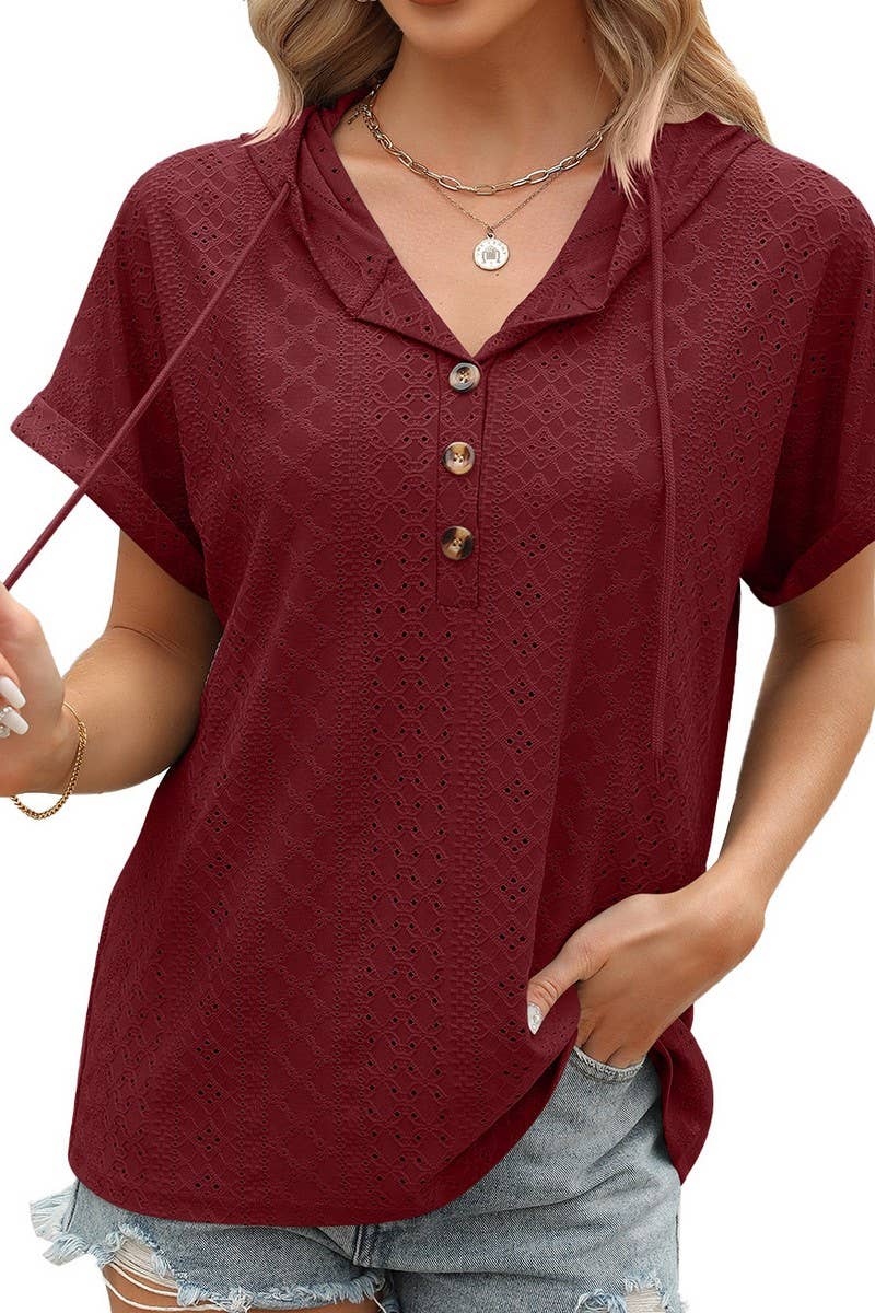 SOLID COLOR BUTTON DOWN SHORT SLEEVE HOODIE_CWOHOS0013