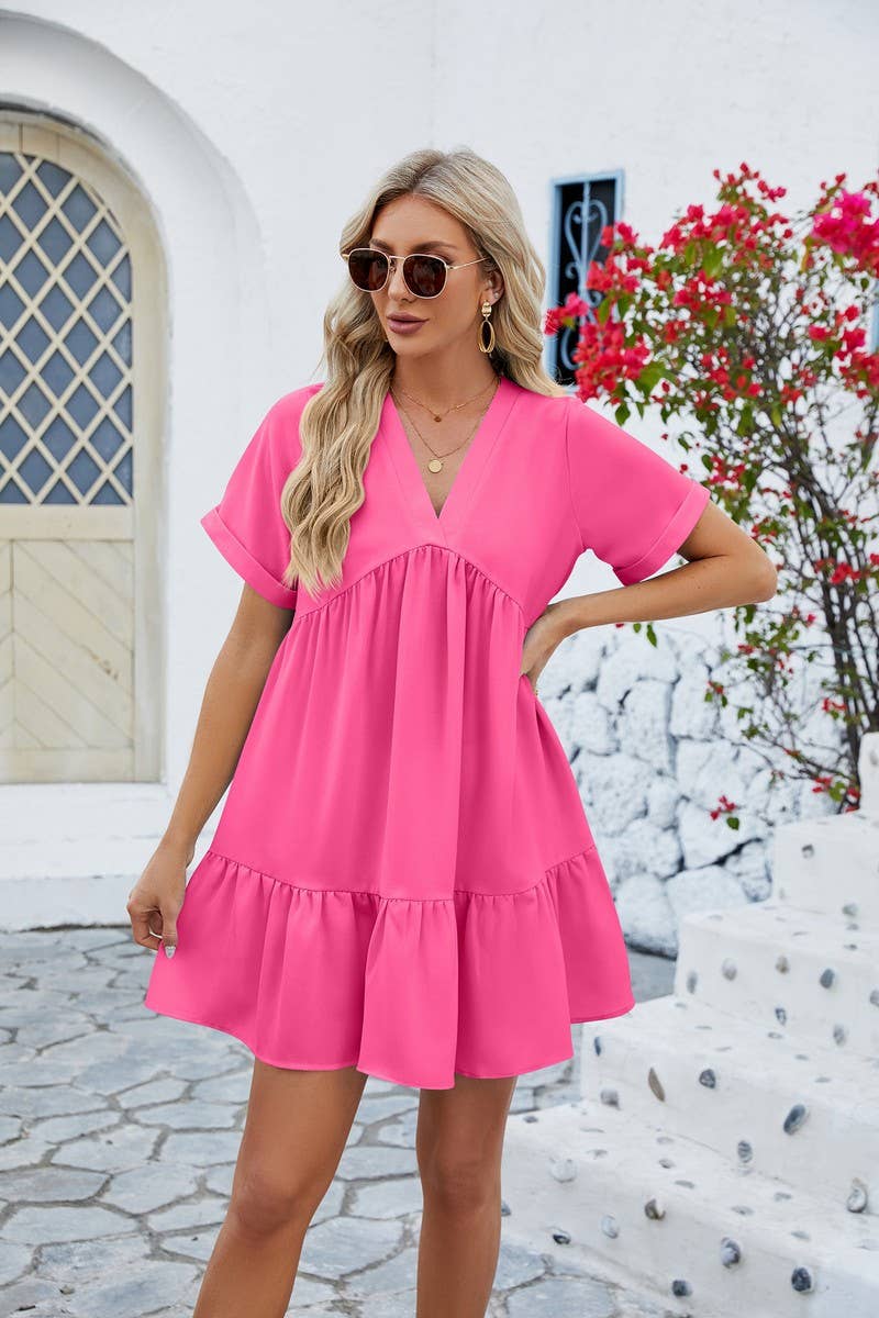 CWDSD3113_V Neck Tiered Short Sleeve Dress