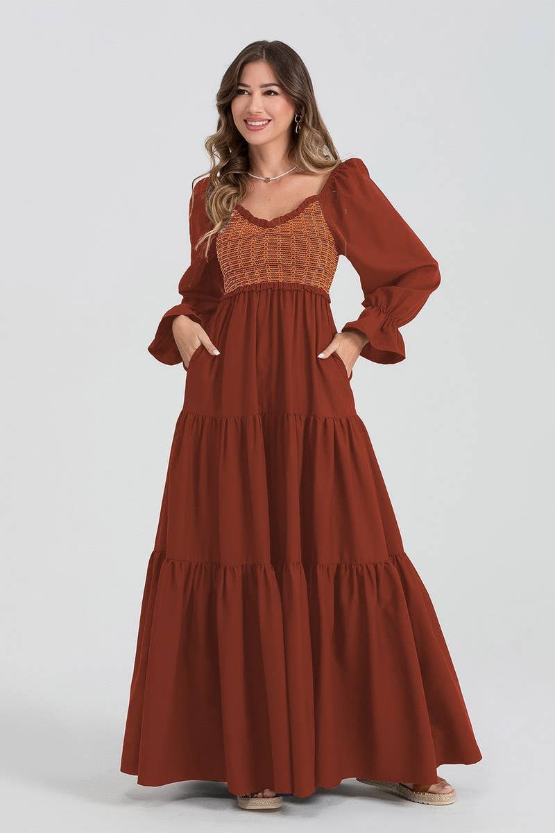 CWDMD5709_LONG SLEEVE RUCHED RUFFLE TIERED MAXI DRESS