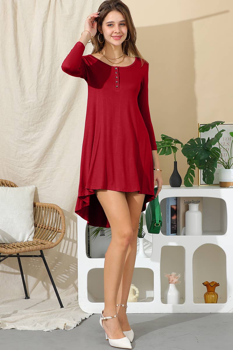 CWDSD10400_LONG SLEEVE BUTTONED NECK CASUAL MIDI DRESS