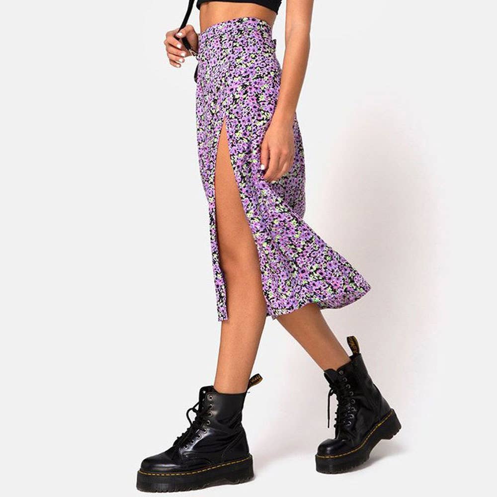 Floral High Waist Slit Midi A-Line Skirt