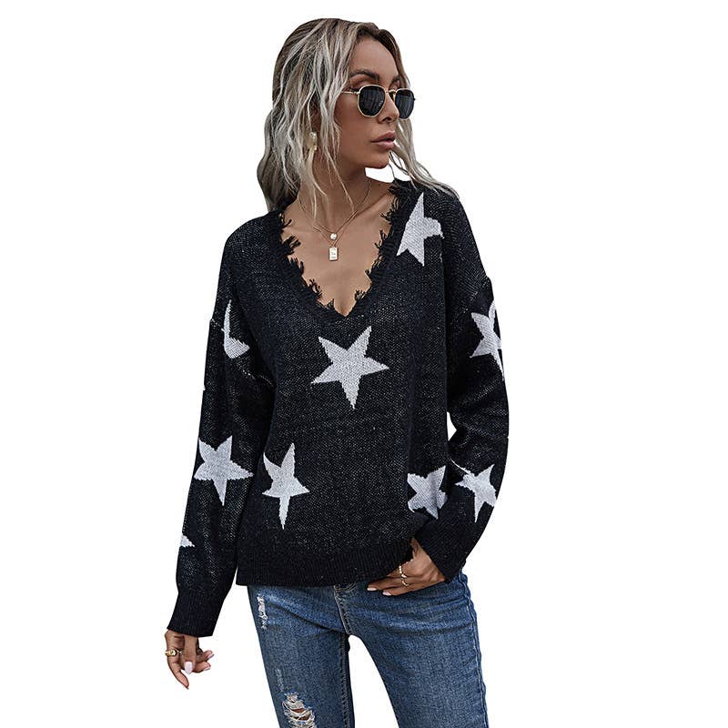 V-neck star jacquard fringed knitted sweater