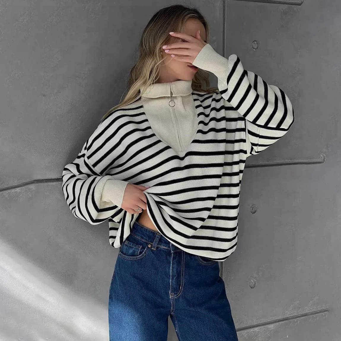 Striped lapel half-zipper pullover sweater