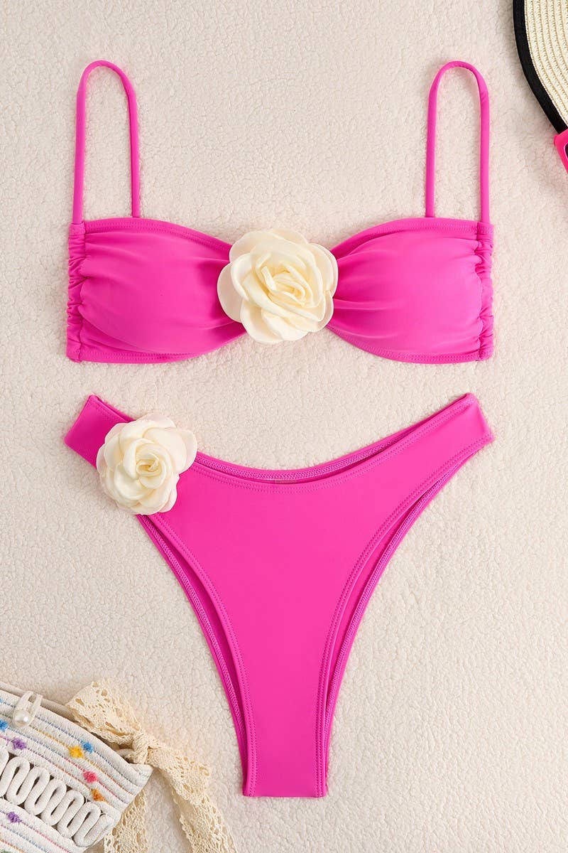 CWMW0876_SOLID COLOR 3D FLOWER SPLIT BIKINI SWIMSUIT