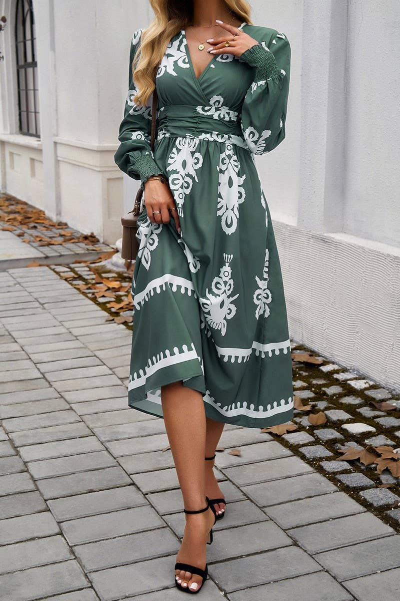 CWDMD4866_V-NECK ELEGANT CONTRAST COLOR LONG SLEEVE DRESS