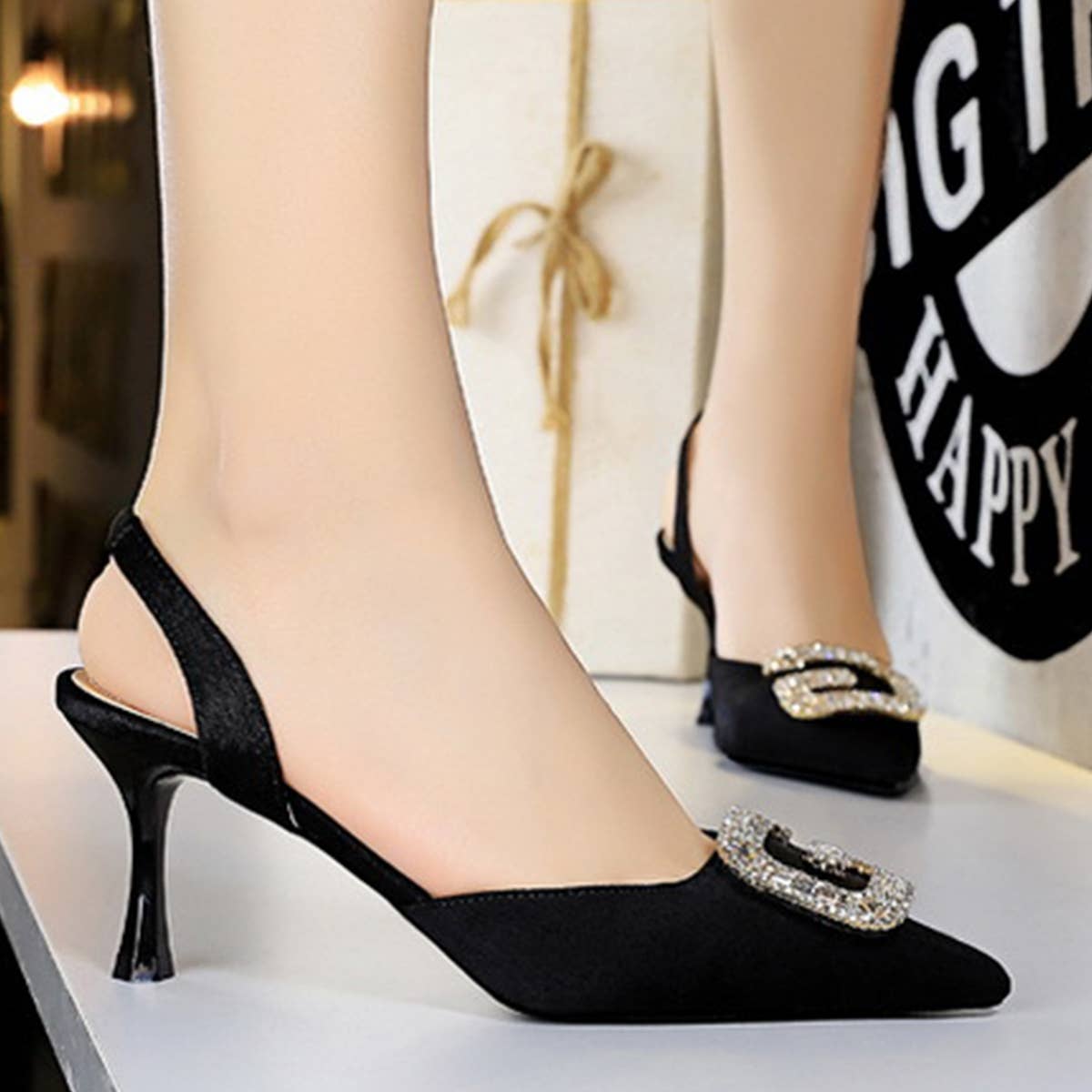 SHALLOW POINTED TOE RHINESTONE BUCKLE HIGH HEELS