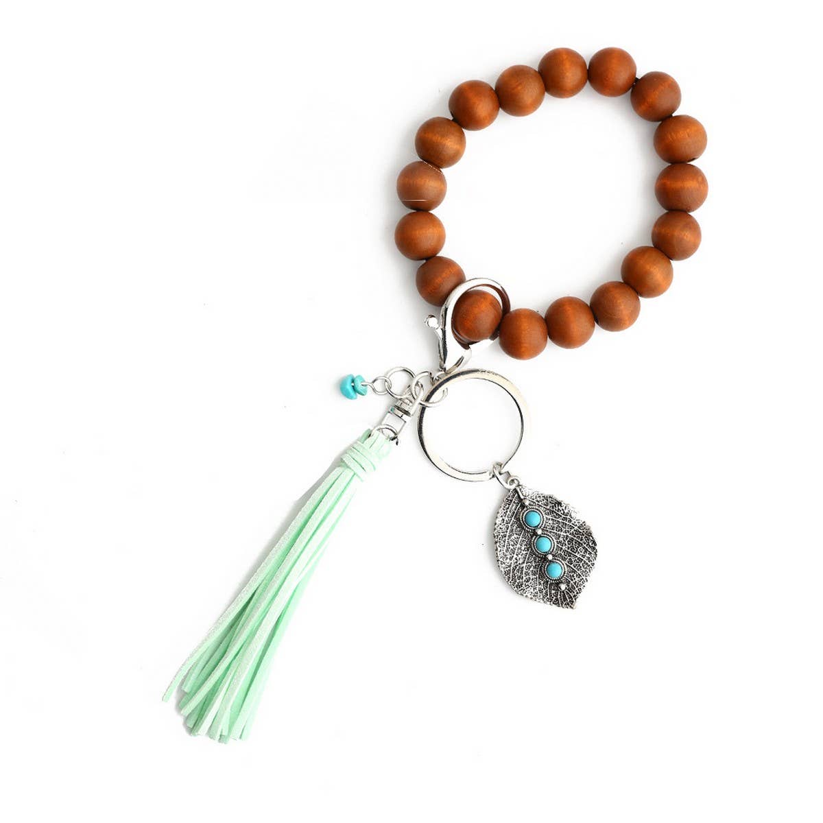 Boho Tassel Keychain with Leaf Charm and Wood Beads_CWAB5087
