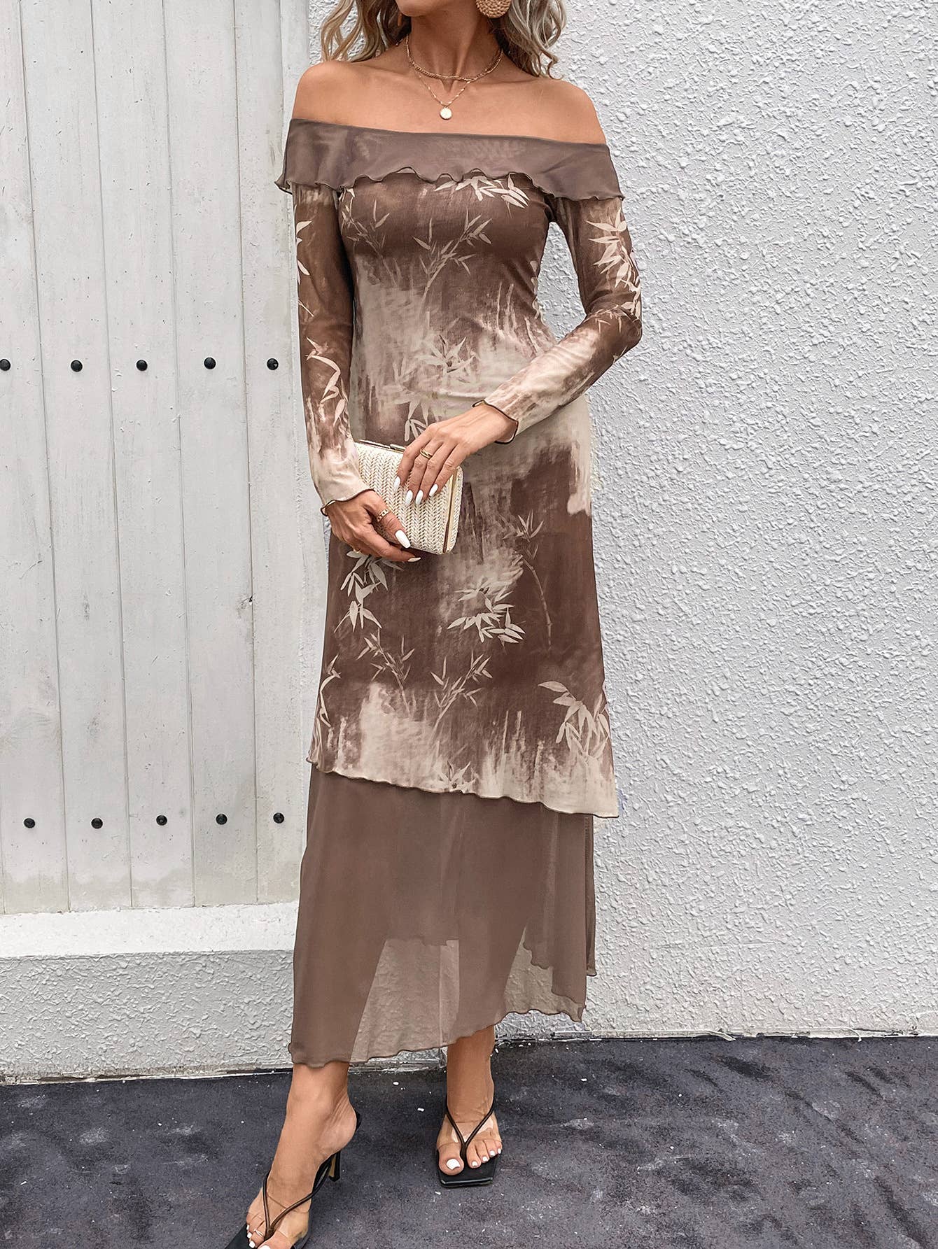 SHEER PRINTED ONE-SHOULDER STRETCH MESH DRESS