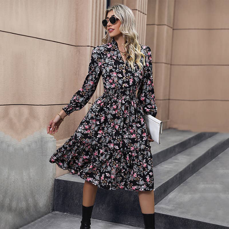 Long sleeve belted floral dress