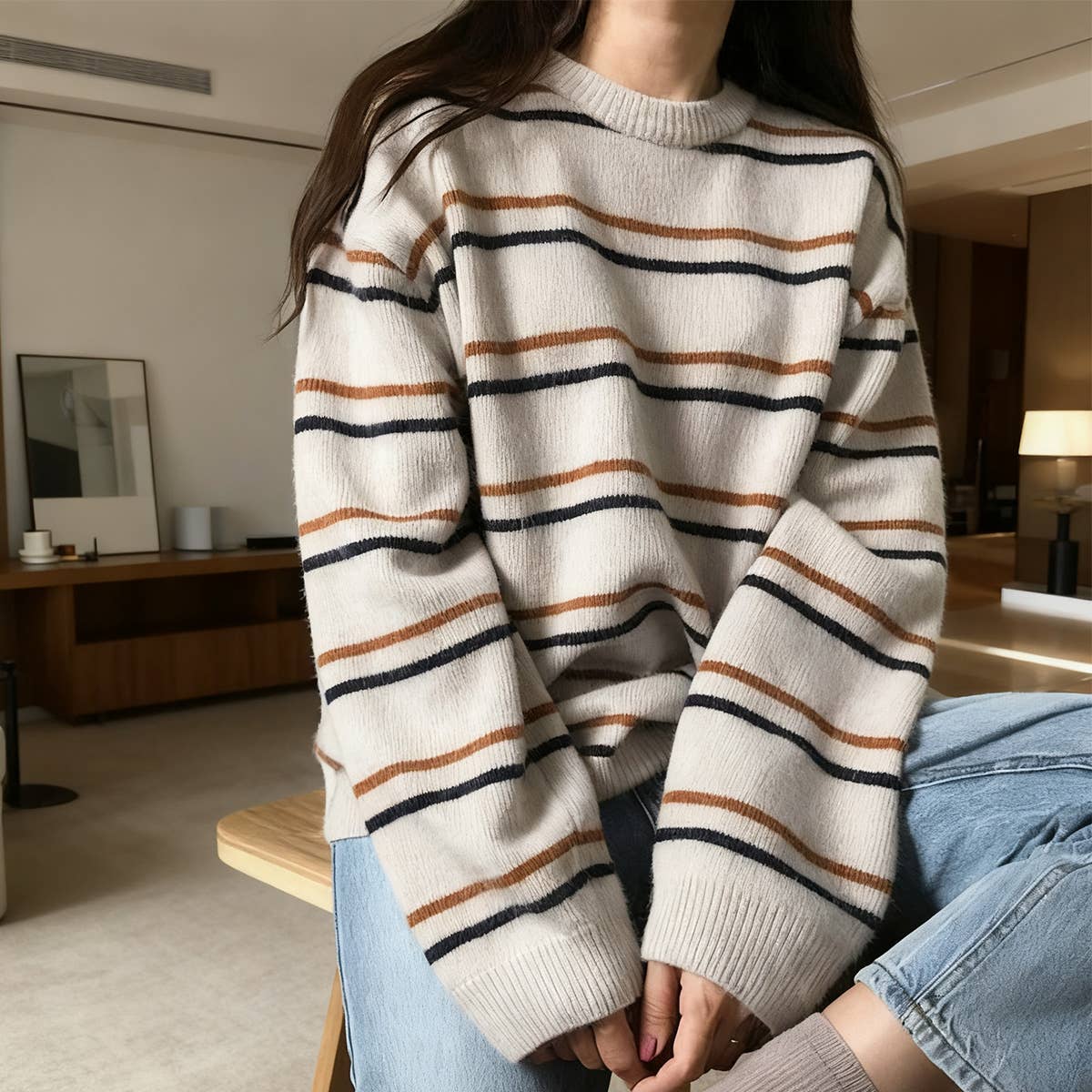 Laid-back pullover striped knitted sweater
