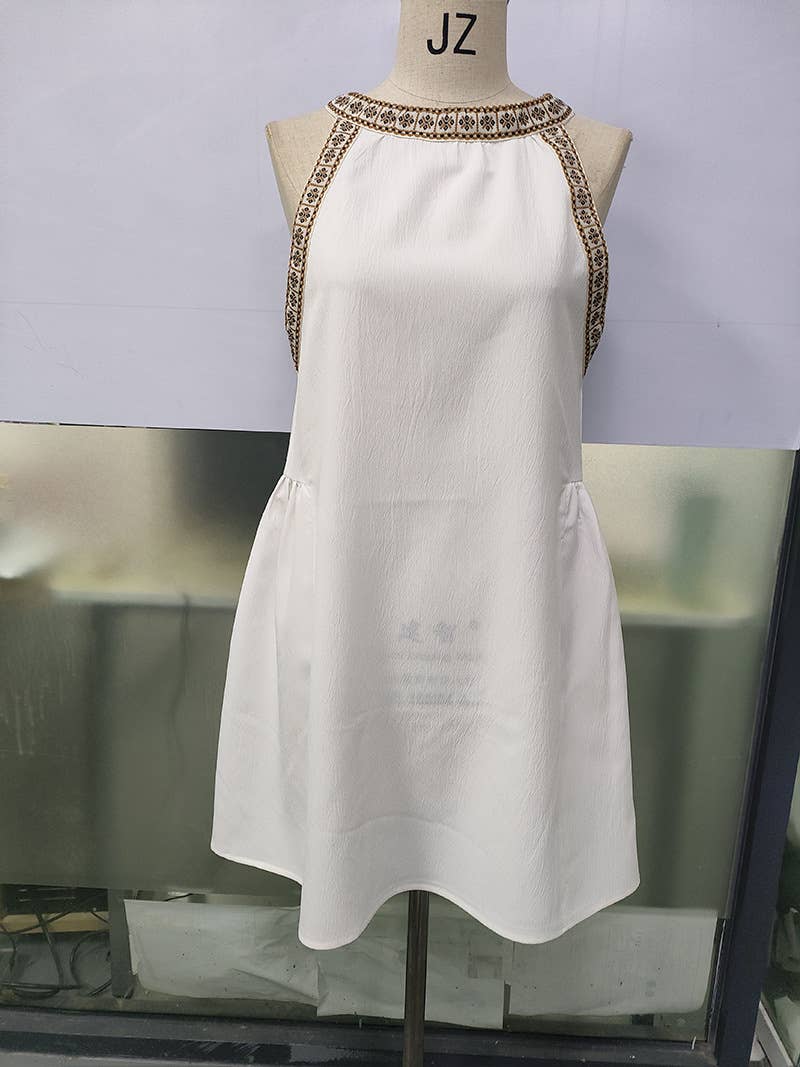 Solid-color dress hollowed-out lace patchwork