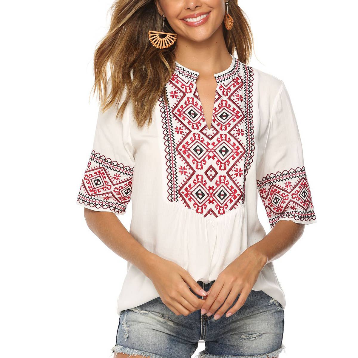 Women's cotton mid-sleeve embroidered shirt
