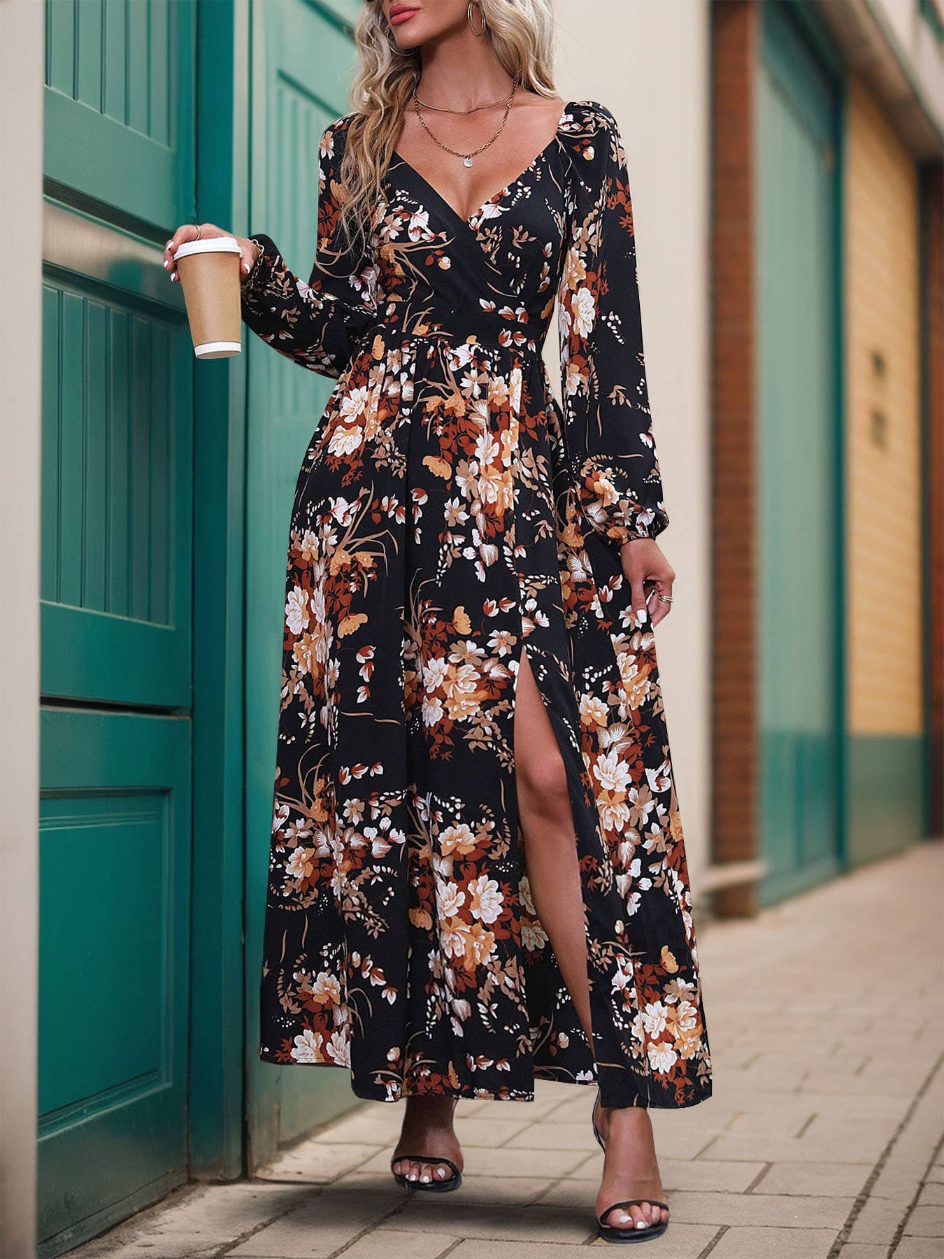 Long-sleeved V-neck cinched waist printed dress