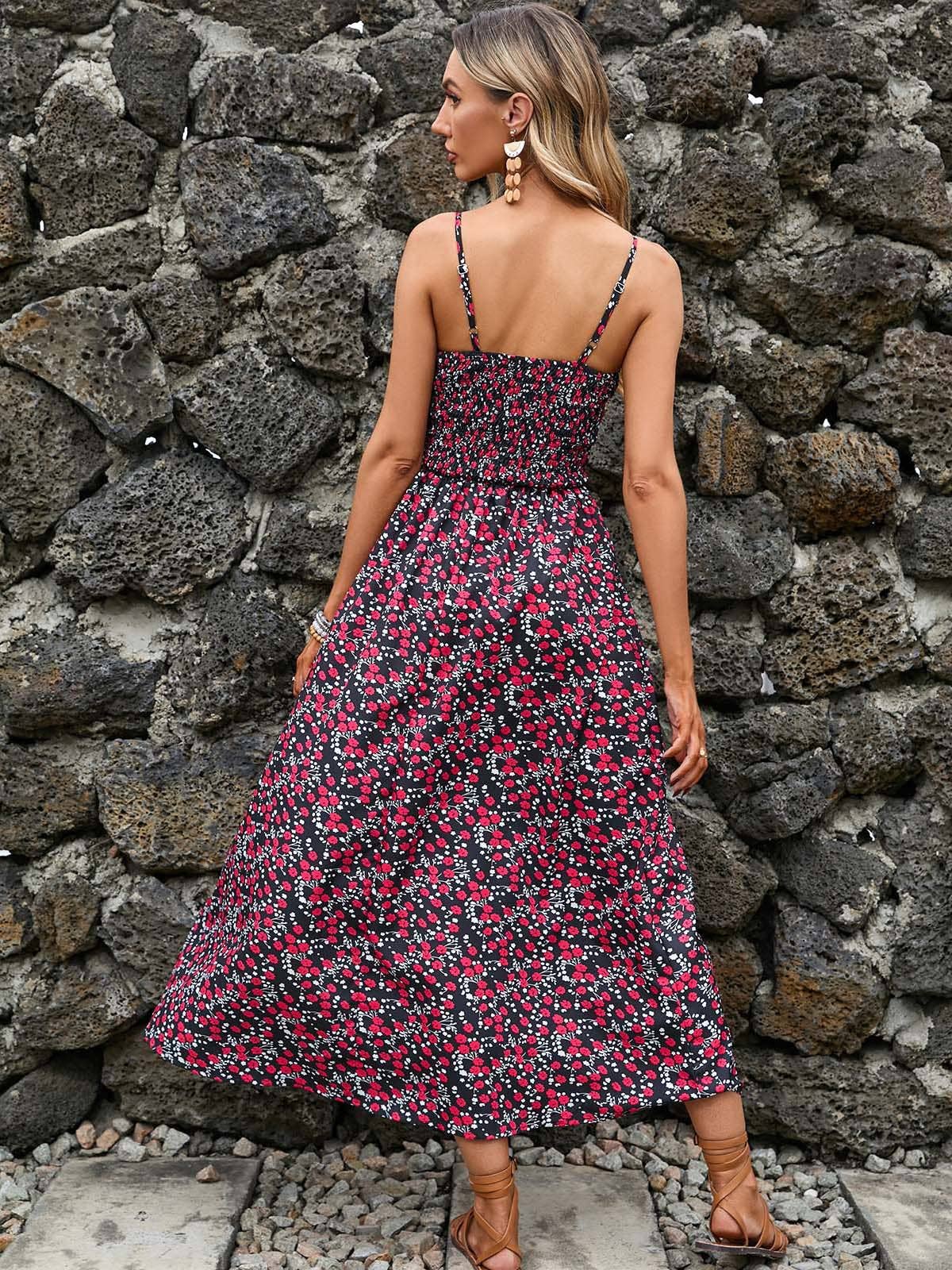 PRINTED HALTER V-NECK WAIST DRESS