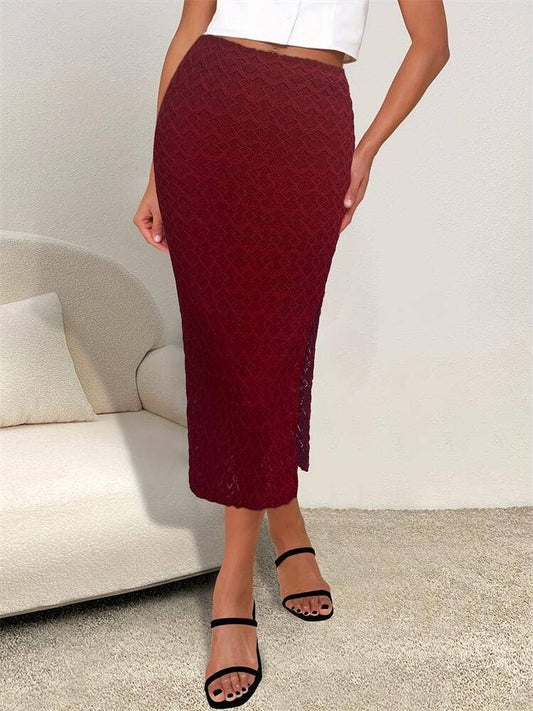 Temperament dark pattern mid-length slit skirt