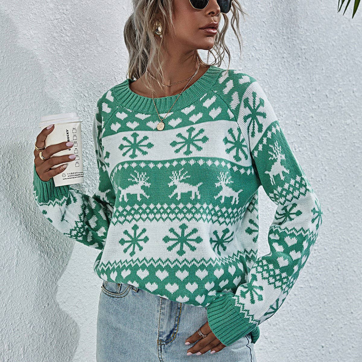 KNIT CREW NECK CHRISTMAS SNOWFLAKE PULLOVER