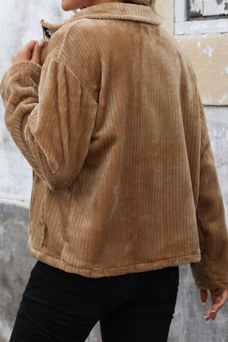 CWOJA1218_LAPEL PLUSH POCKET ZIPPER SOLID COLOR JACKET