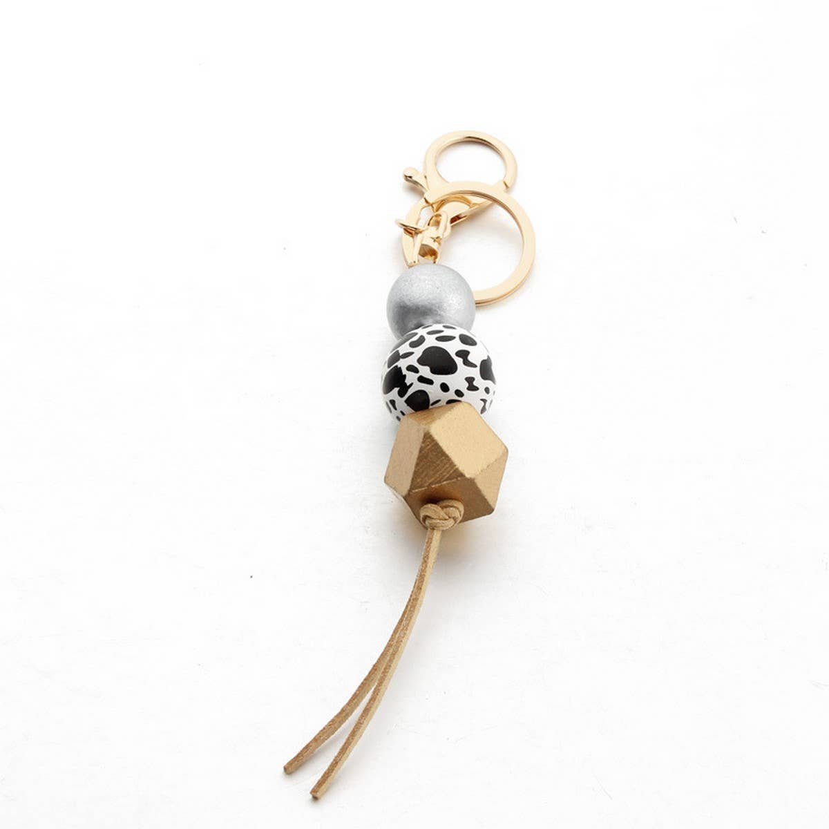 Leopard Wood Bead Keychain with Mini Tassel