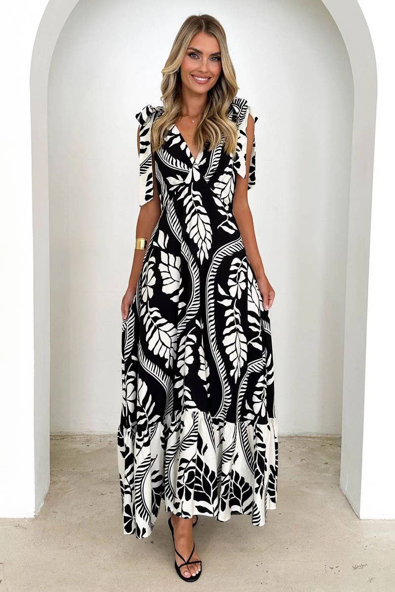 CWDMD5219_TIE-BACK V-NECK SLEEVELESS FLORAL MAXI DRESS
