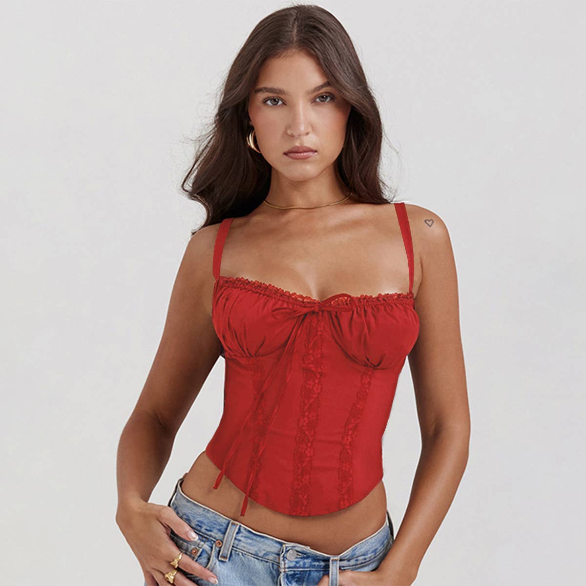 Lace patchwork tie up sexy cami top